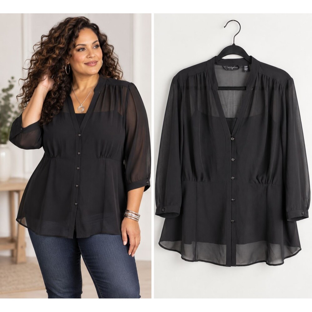 New Investments Sheer Chiffon Button Front Tunic Blouse Size 20W Black